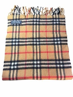 Burberry Beige Plaid Cashmere Scarf with Black White and Red Accents